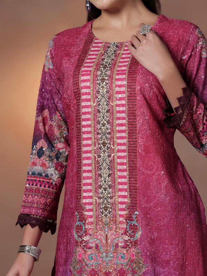 Women Cotton Maroon Embroidered Kurta Comfort Pant Dupatta.