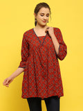 Women Cotton Maroon Floral Print Tunic.