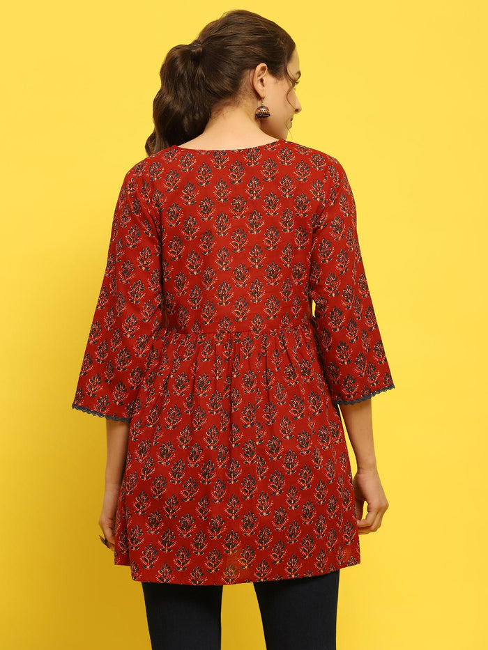 Women Cotton Maroon Floral Print Tunic.