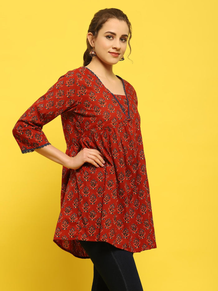 Women Cotton Maroon Floral Print Tunic.