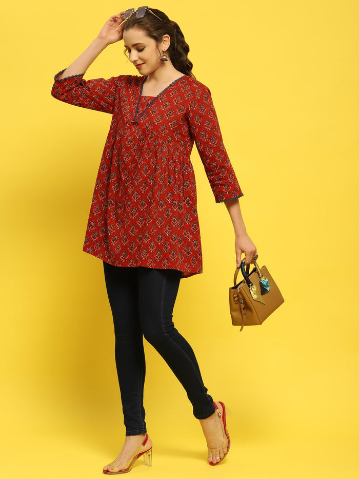 Women Cotton Maroon Floral Print Tunic.