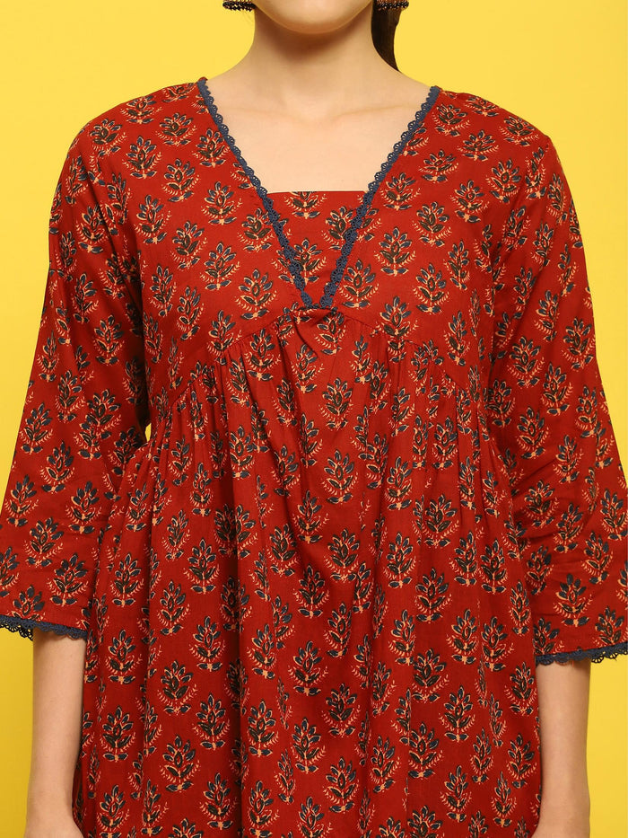 Women Cotton Maroon Floral Print Tunic.
