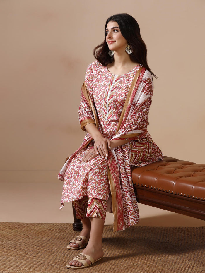 Women Cotton Maroon Printed Kurta Trouser Dupatta.