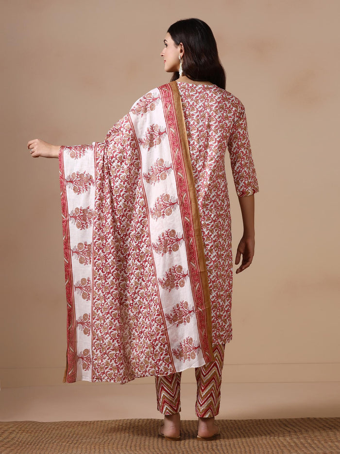 Women Cotton Maroon Printed Kurta Trouser Dupatta.