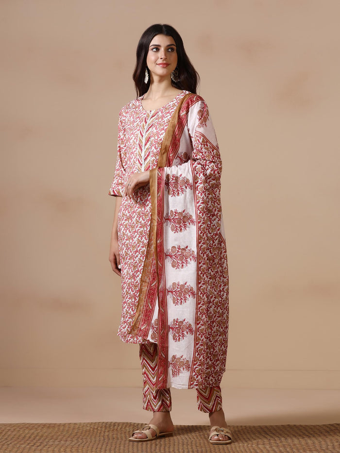 Women Cotton Maroon Printed Kurta Trouser Dupatta.