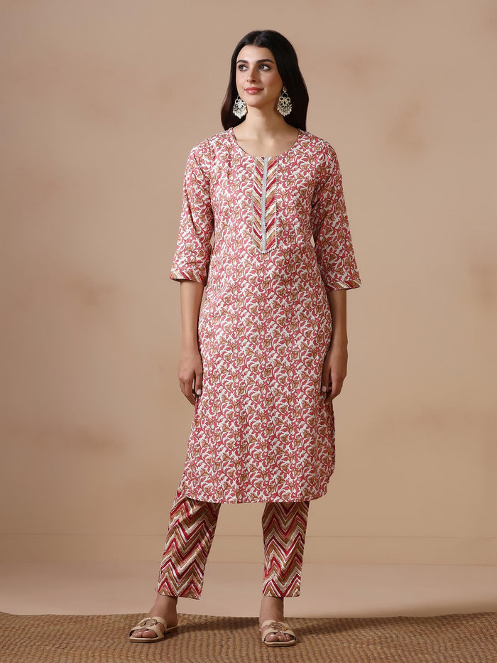 Women Cotton Maroon Printed Kurta Trouser Dupatta.