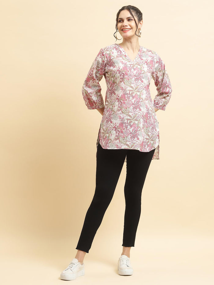 Women Cotton Mauve Tropical Print Tunic.