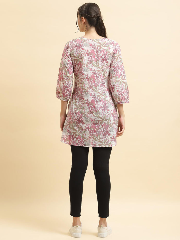 Women Cotton Mauve Tropical Print Tunic.