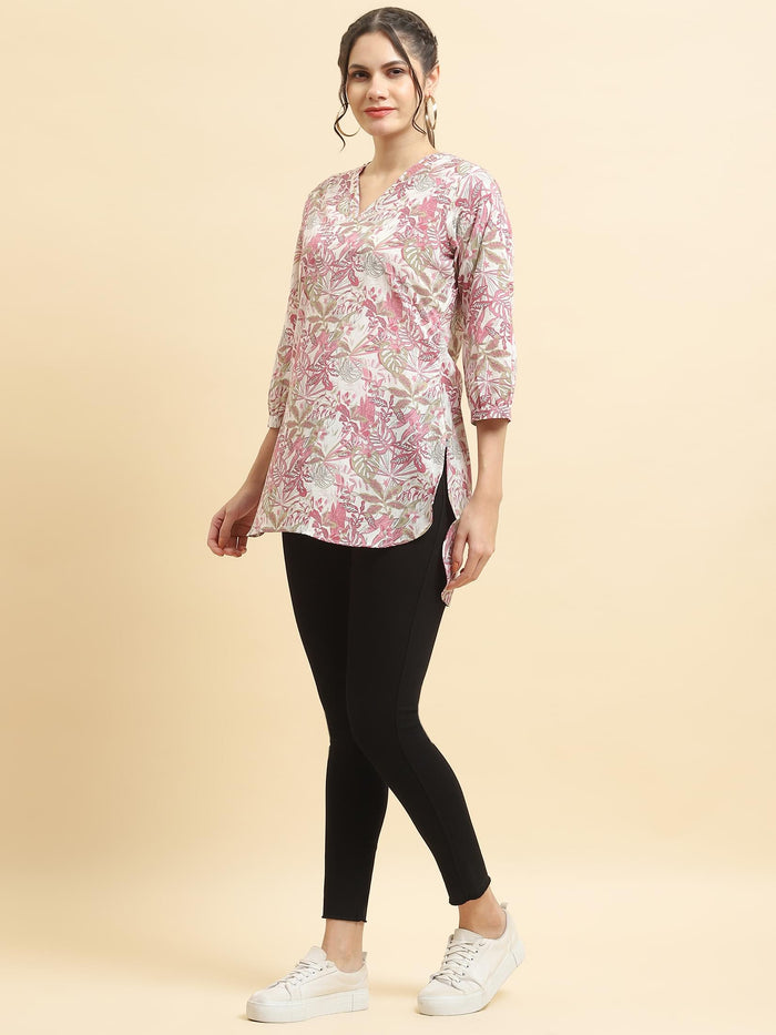 Women Cotton Mauve Tropical Print Tunic.