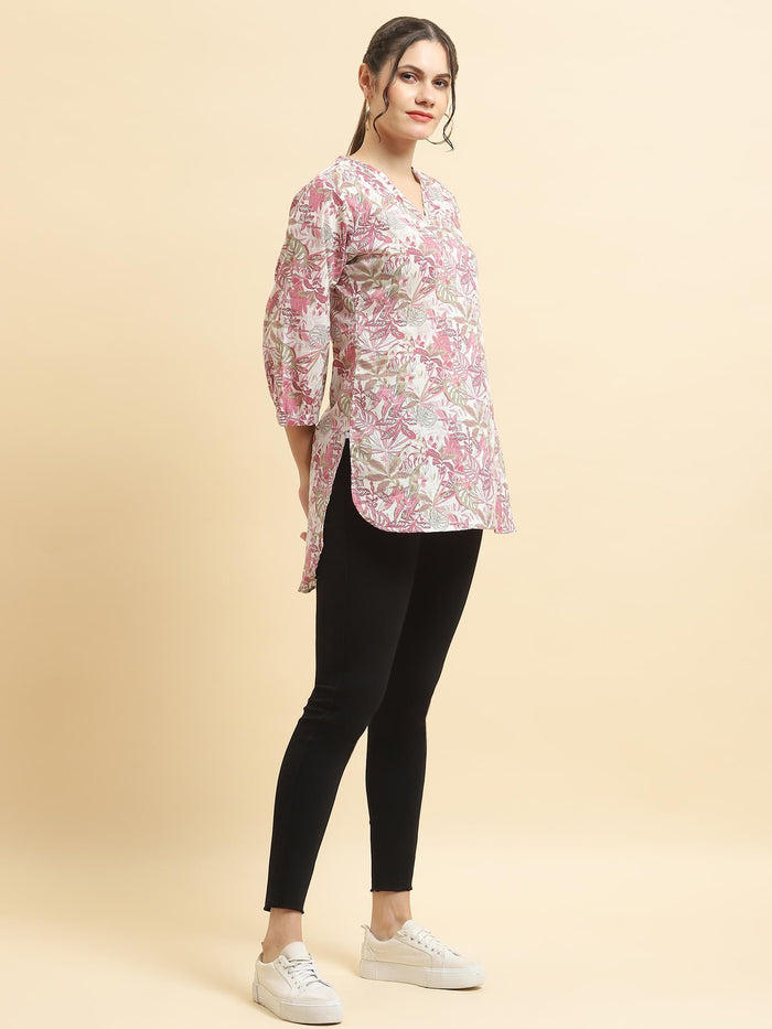Women Cotton Mauve Tropical Print Tunic.