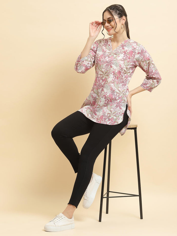 Women Cotton Mauve Tropical Print Tunic.