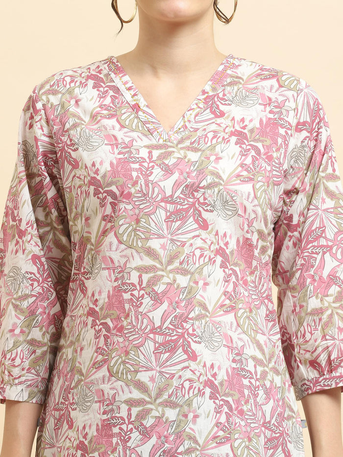 Women Cotton Mauve Tropical Print Tunic.