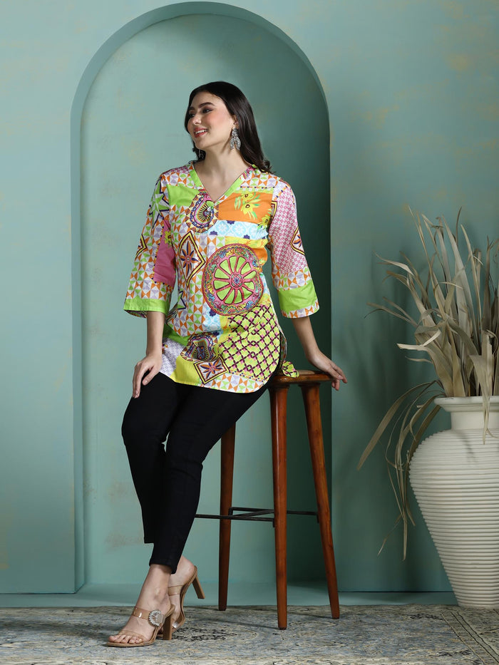 Women Cotton Multicolor Printed Tunic.