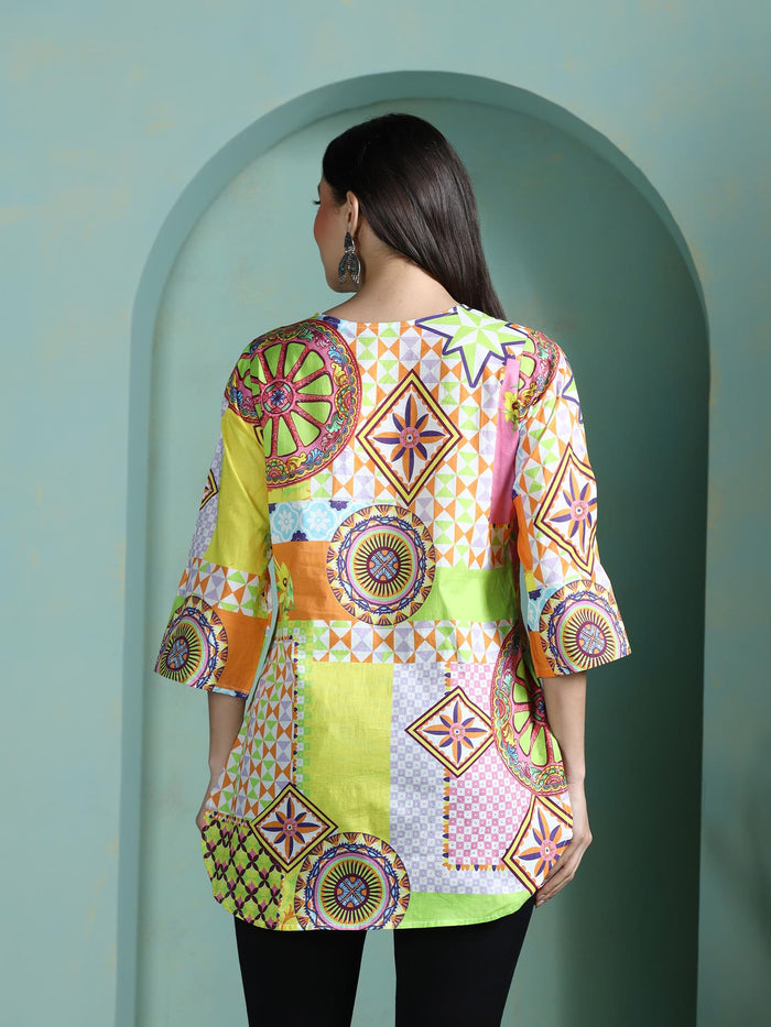 Women Cotton Multicolor Printed Tunic.