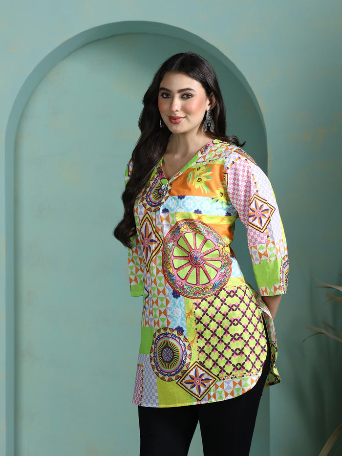 Women Cotton Multicolor Printed Tunic.