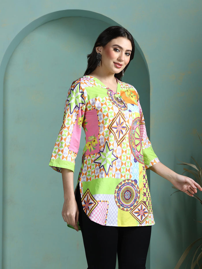 Women Cotton Multicolor Printed Tunic.