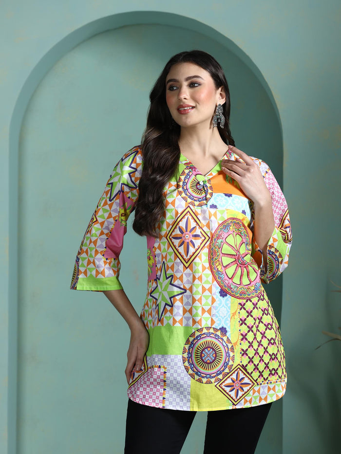Women Cotton Multicolor Printed Tunic.