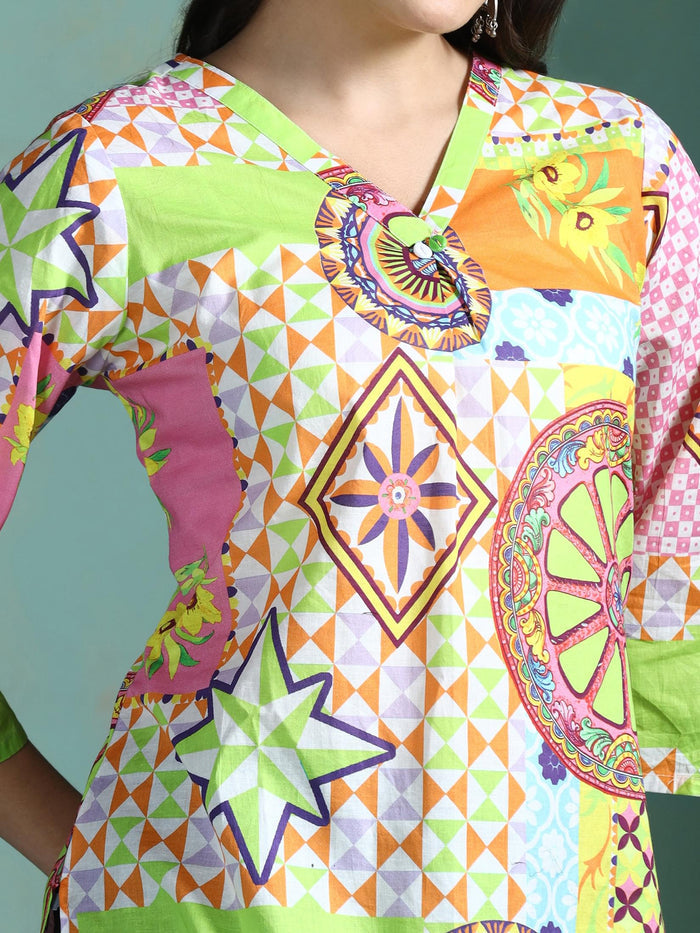 Women Cotton Multicolor Printed Tunic.