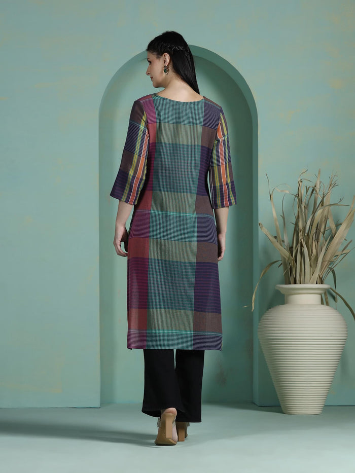 Women Cotton Multicolor Yarn Dyed Kurta.
