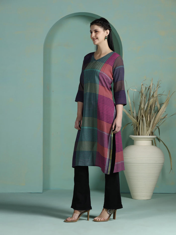 Women Cotton Multicolor Yarn Dyed Kurta.