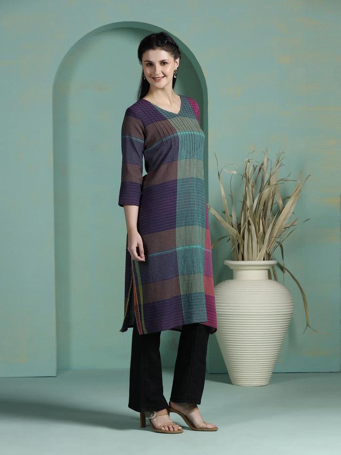 Women Cotton Multicolor Yarn Dyed Kurta.