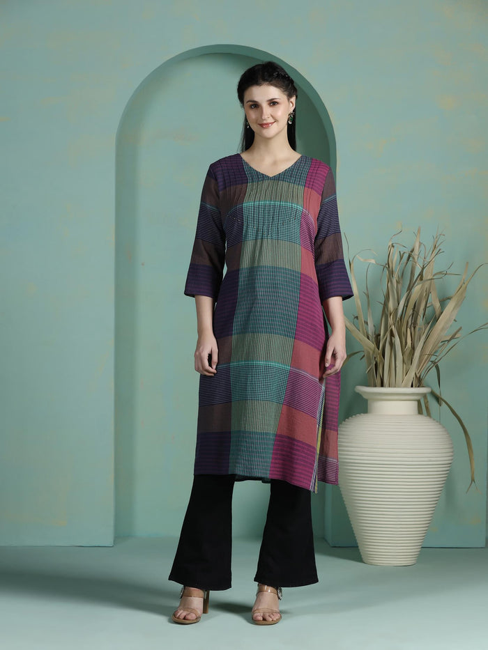 Women Cotton Multicolor Yarn Dyed Kurta.