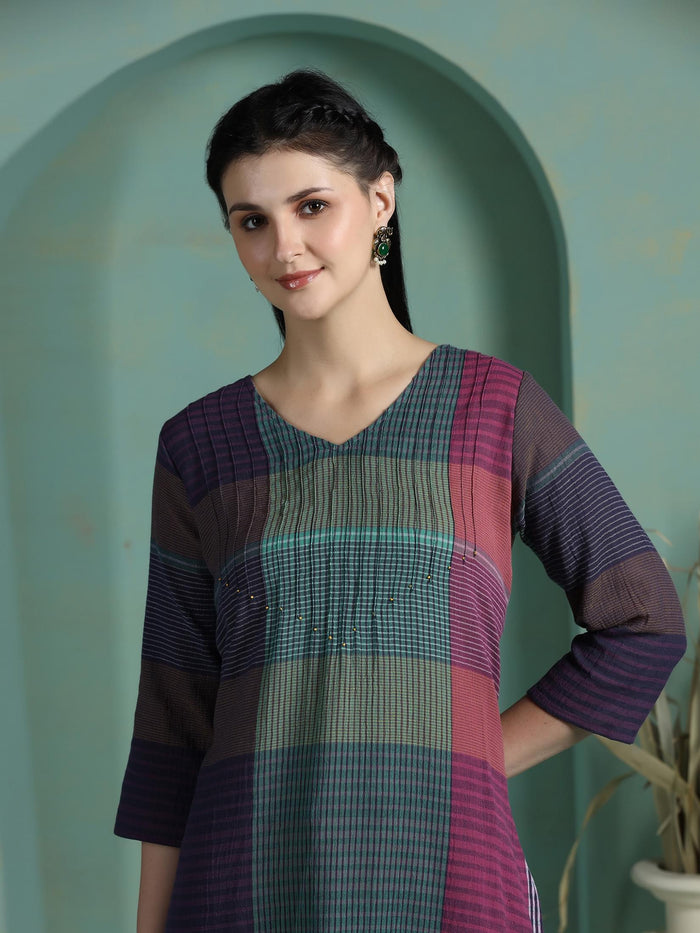 Women Cotton Multicolor Yarn Dyed Kurta.