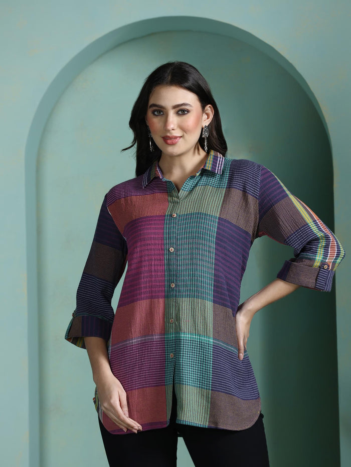Women Cotton Multicolor Yarn Dyed Tunic.