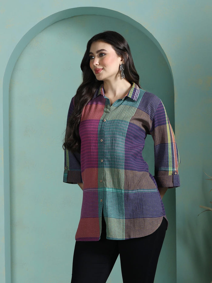 Women Cotton Multicolor Yarn Dyed Tunic.