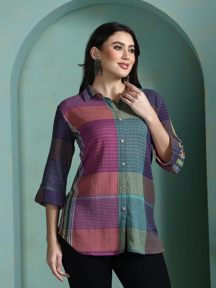 Women Cotton Multicolor Yarn Dyed Tunic.