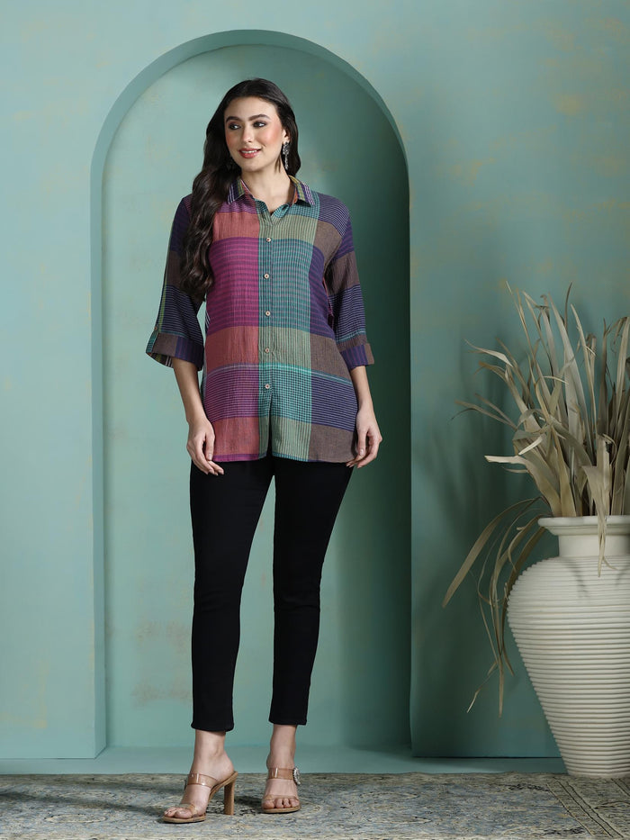 Women Cotton Multicolor Yarn Dyed Tunic.