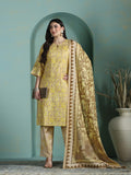 Women Cotton Mustard Abstract Print Kurta Comfort Pant Dupatta.
