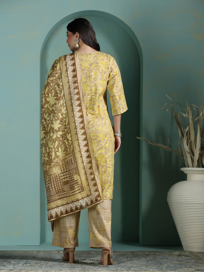 Women Cotton Mustard Abstract Print Kurta Comfort Pant Dupatta.