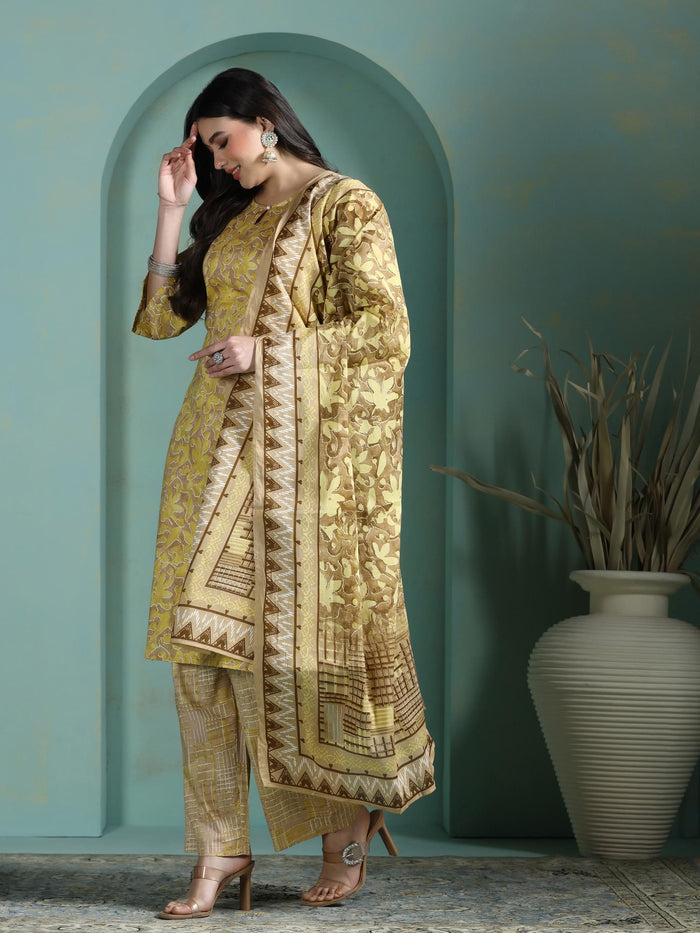 Women Cotton Mustard Abstract Print Kurta Comfort Pant Dupatta.