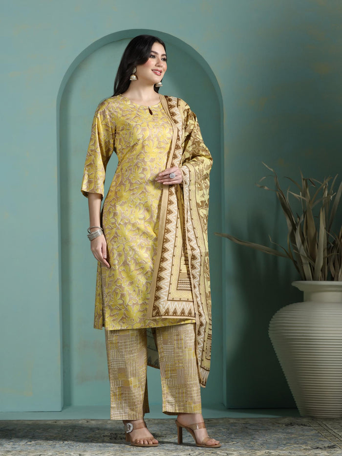 Women Cotton Mustard Abstract Print Kurta Comfort Pant Dupatta.
