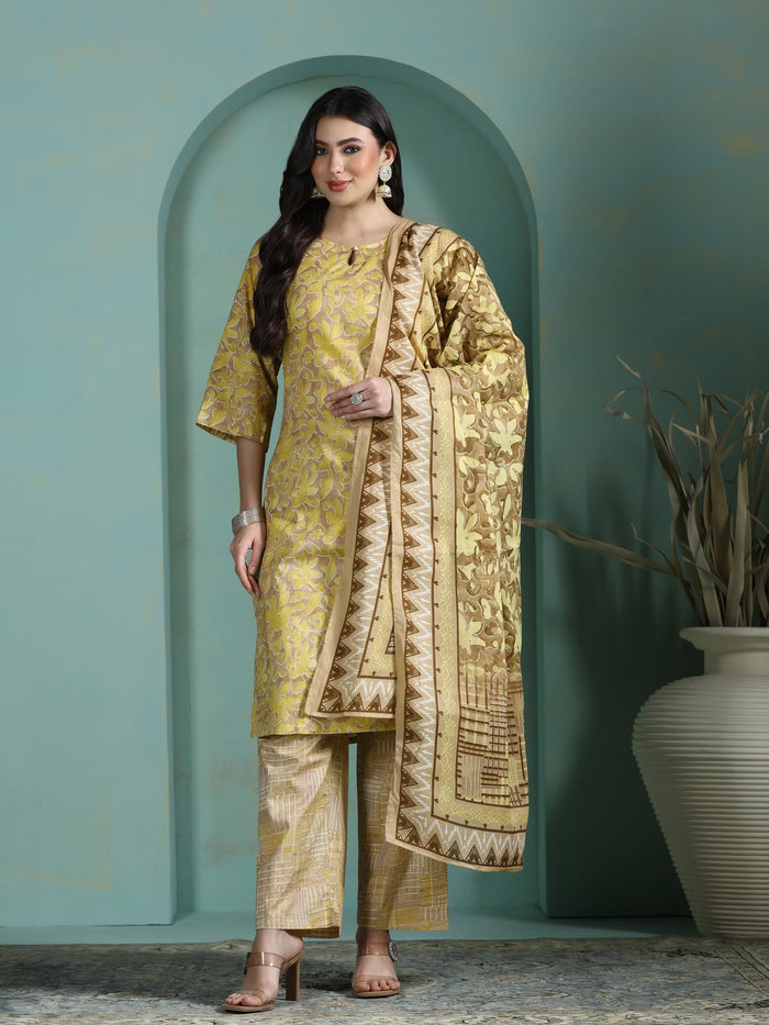 Women Cotton Mustard Abstract Print Kurta Comfort Pant Dupatta.