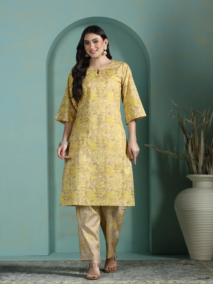 Women Cotton Mustard Abstract Print Kurta Comfort Pant Dupatta.