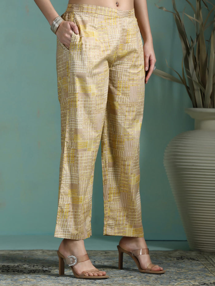 Women Cotton Mustard Abstract Print Kurta Comfort Pant Dupatta.