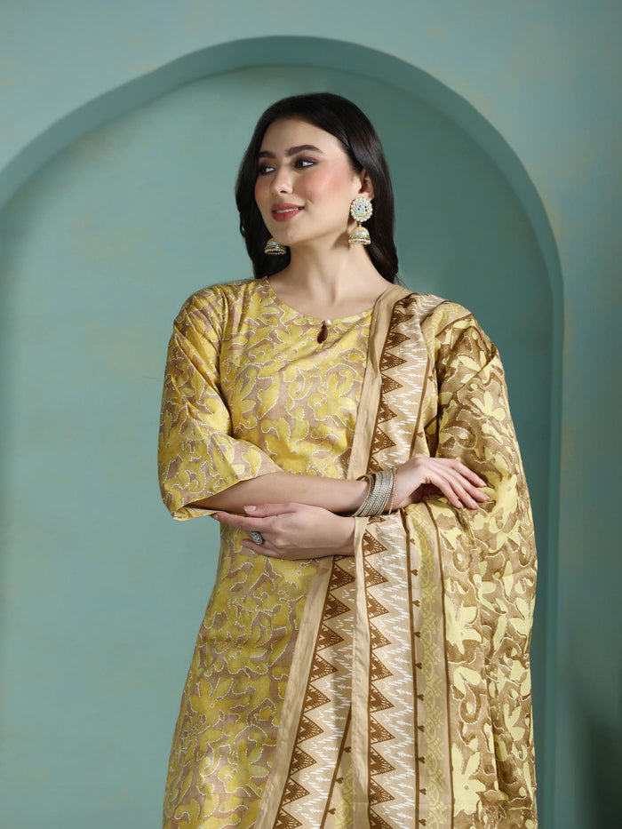 Women Cotton Mustard Abstract Print Kurta Comfort Pant Dupatta.