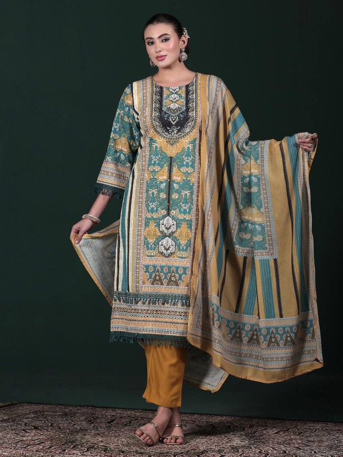 Women Cotton Mustard Embroidered Kurta Comfort Pant Dupatta.