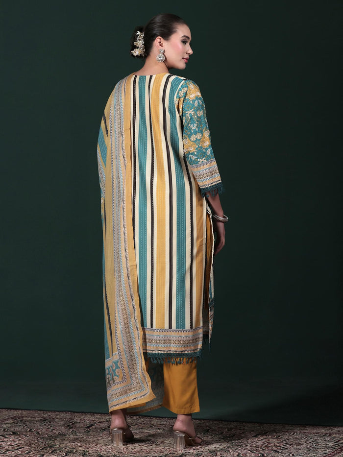 Women Cotton Mustard Embroidered Kurta Comfort Pant Dupatta.