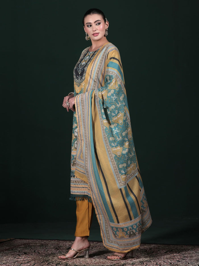 Women Cotton Mustard Embroidered Kurta Comfort Pant Dupatta.