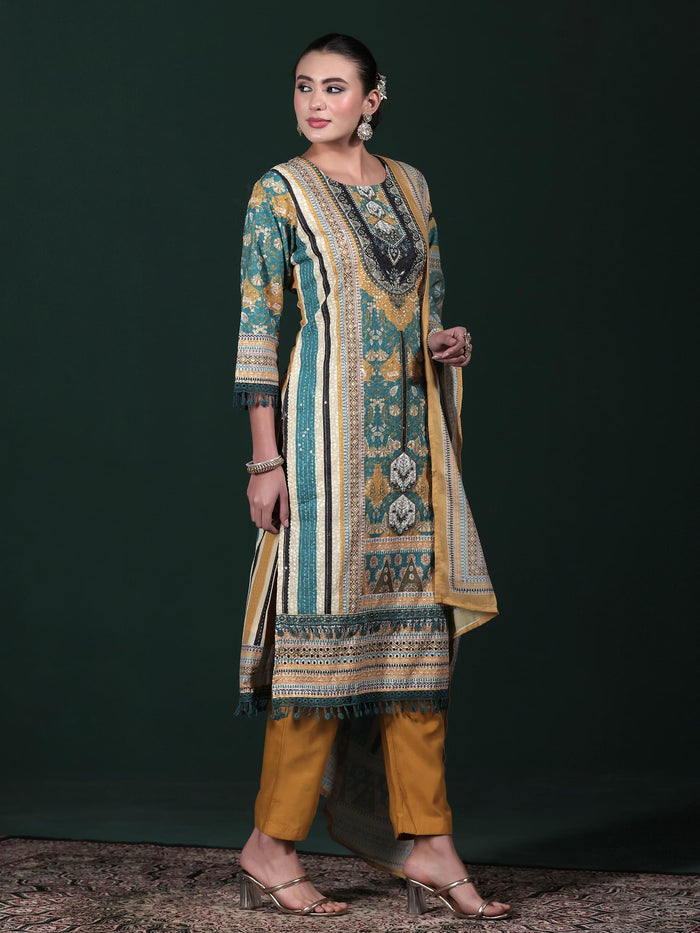 Women Cotton Mustard Embroidered Kurta Comfort Pant Dupatta.
