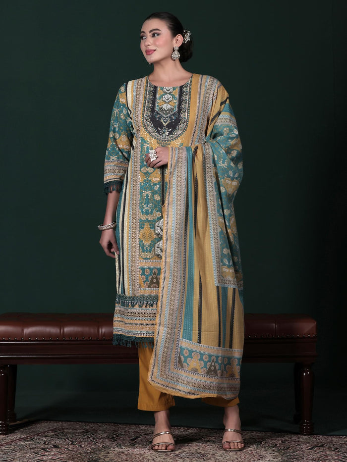 Women Cotton Mustard Embroidered Kurta Comfort Pant Dupatta.