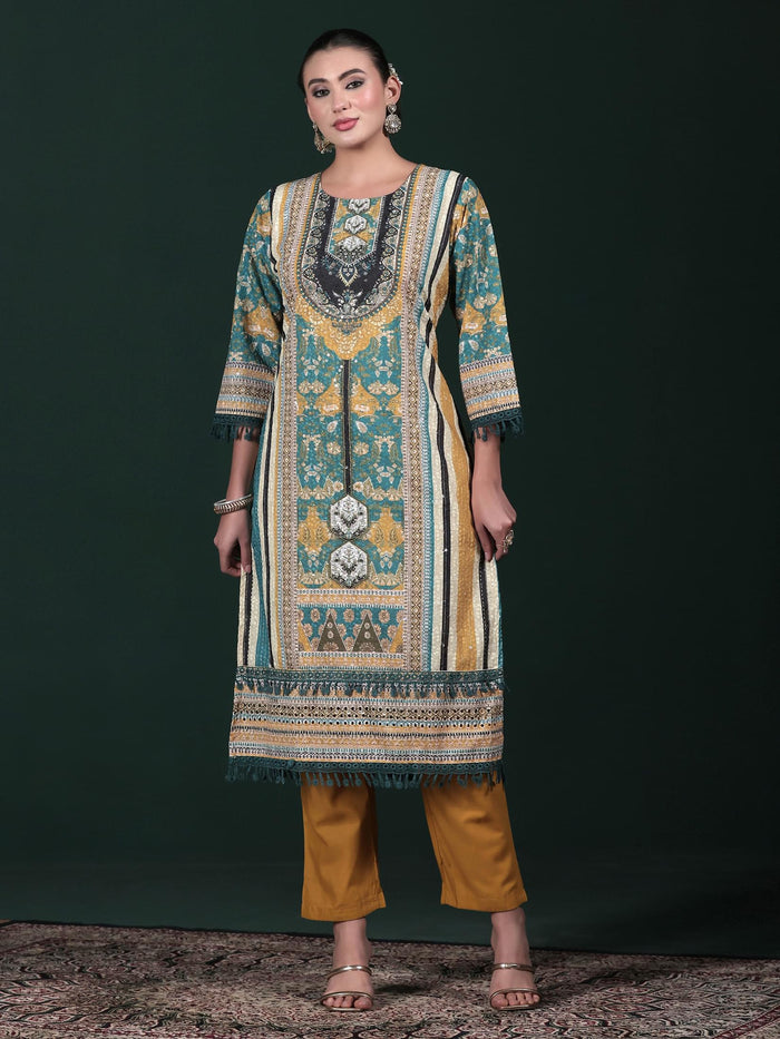 Women Cotton Mustard Embroidered Kurta Comfort Pant Dupatta.