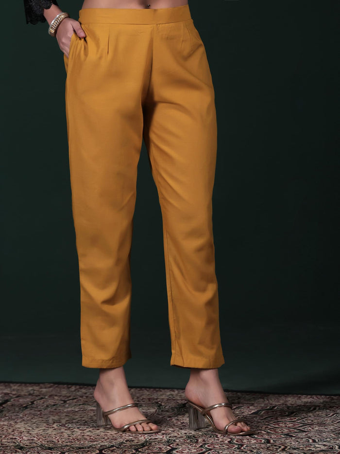 Women Cotton Mustard Embroidered Kurta Comfort Pant Dupatta.