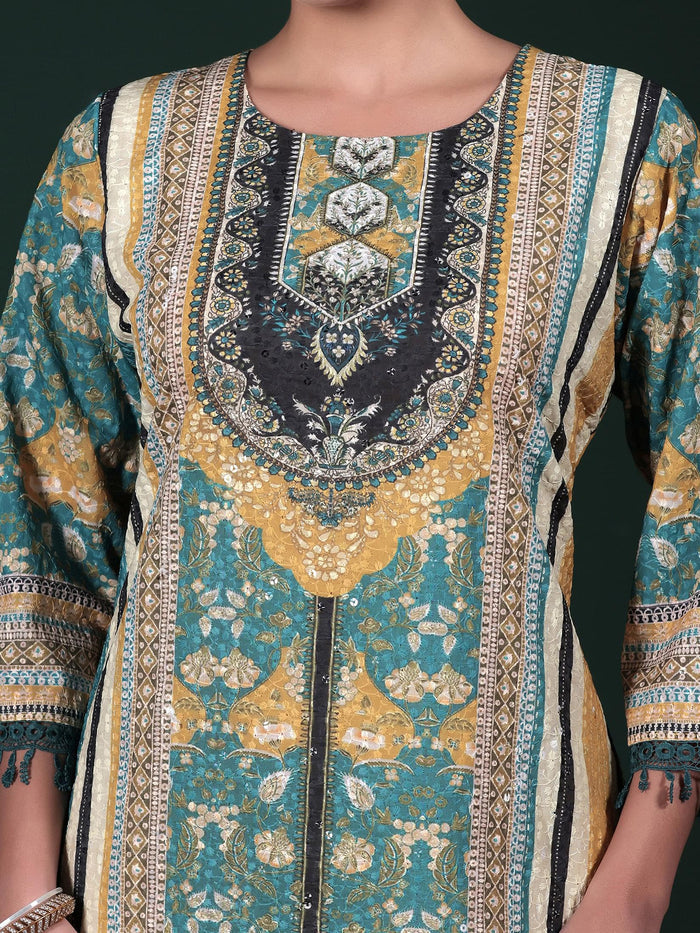 Women Cotton Mustard Embroidered Kurta Comfort Pant Dupatta.