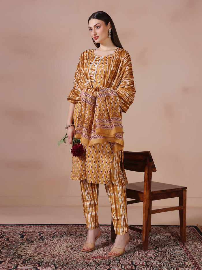 Women Cotton Mustard Printed Kurta Trouser Dupatta.