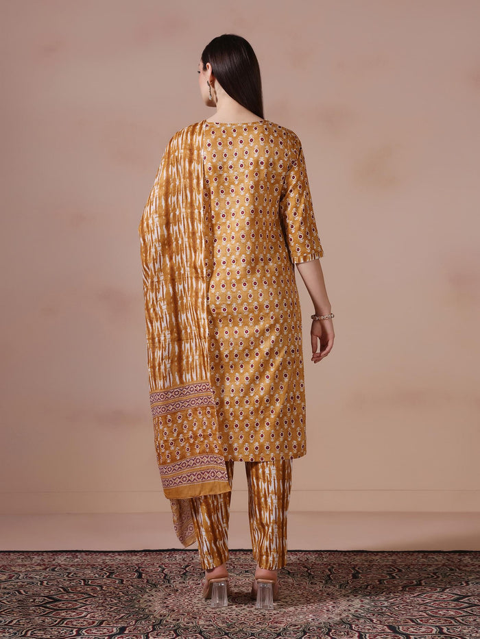 Women Cotton Mustard Printed Kurta Trouser Dupatta.
