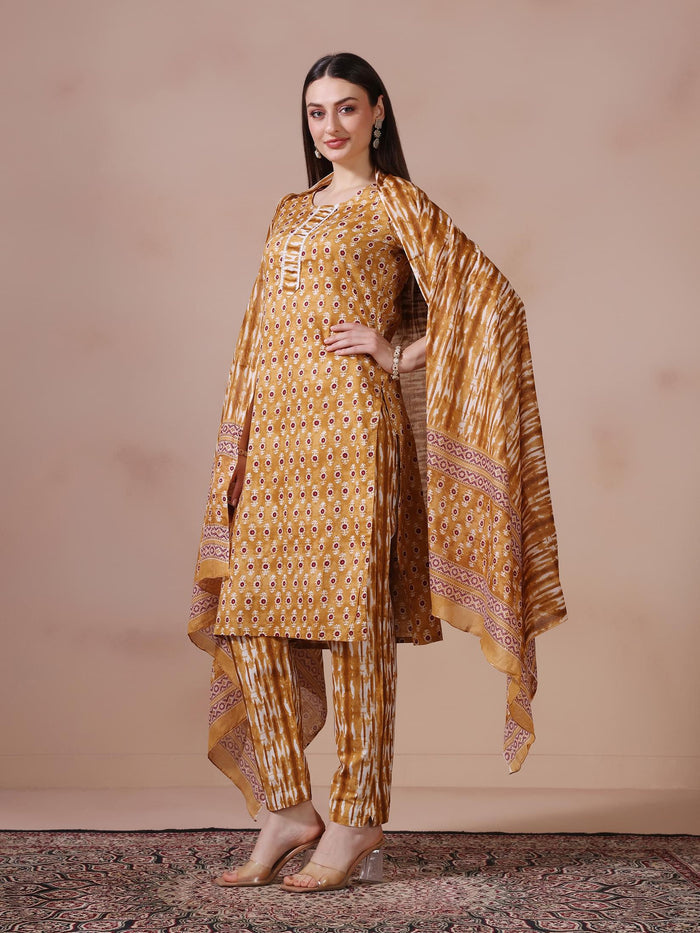 Women Cotton Mustard Printed Kurta Trouser Dupatta.